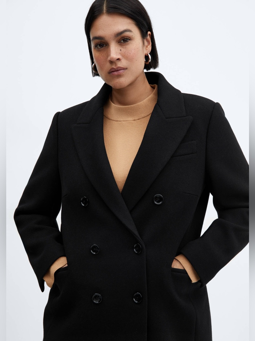MANGO Black Double-Breasted Wool Blend Midi Coat NWOT - Size XL